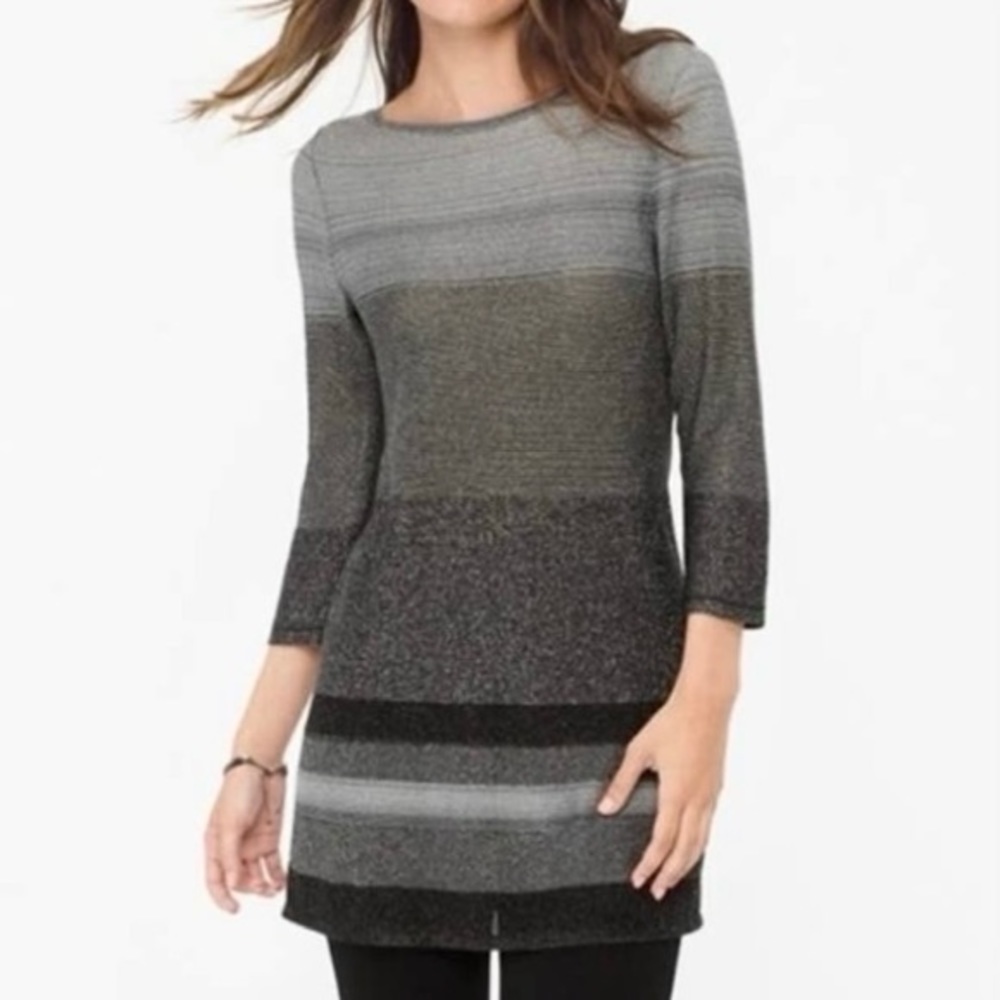 WHBM Metallic Ombre Tunic Top Women’s Size L Boat Neck 3/4 Sleeves Black Silver